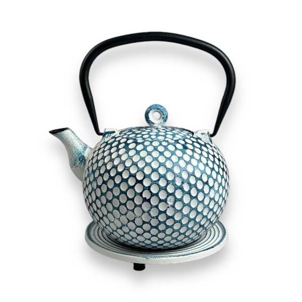 Théière en fonte Dim 1L avec socle - bleu et blanc