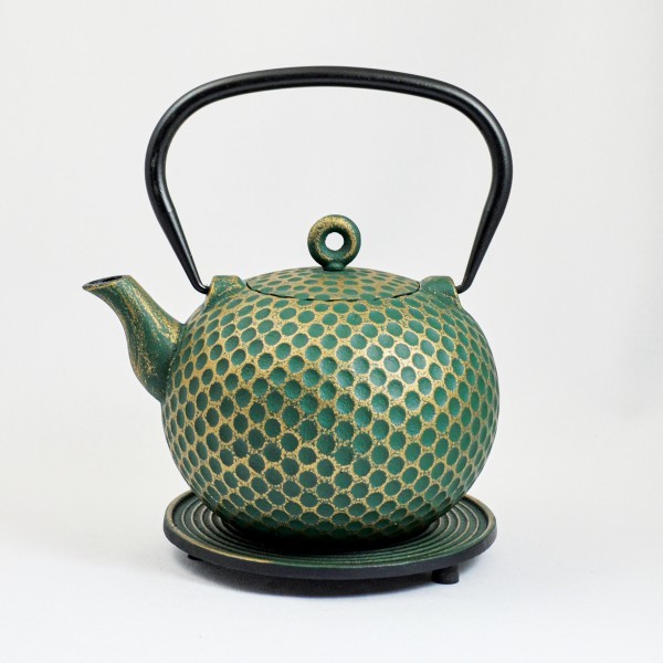 Théière en fonte 1L avec socle - vert et or