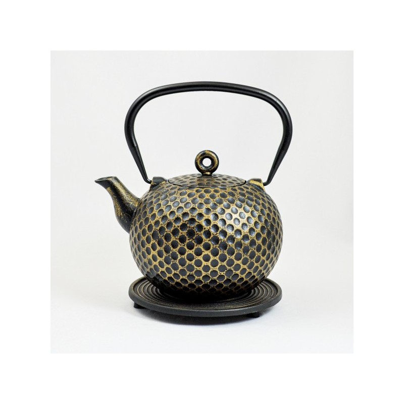 Théière en fonte 1L avec socle - noir et or